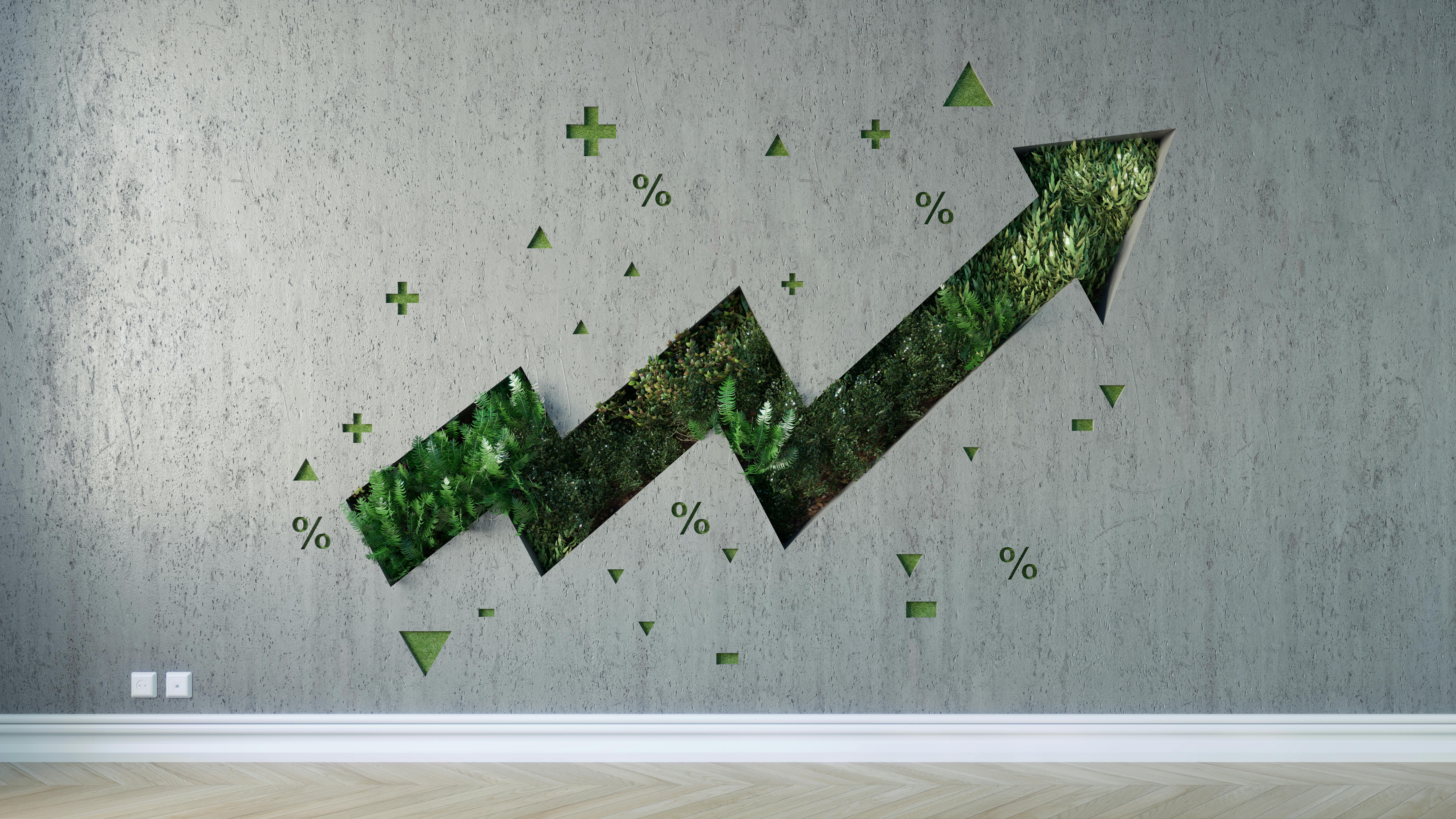 Rendering of a wall overlaid with arrow pointing up and to the right made of plants and various plus and percentage signs indicating financial profitability.