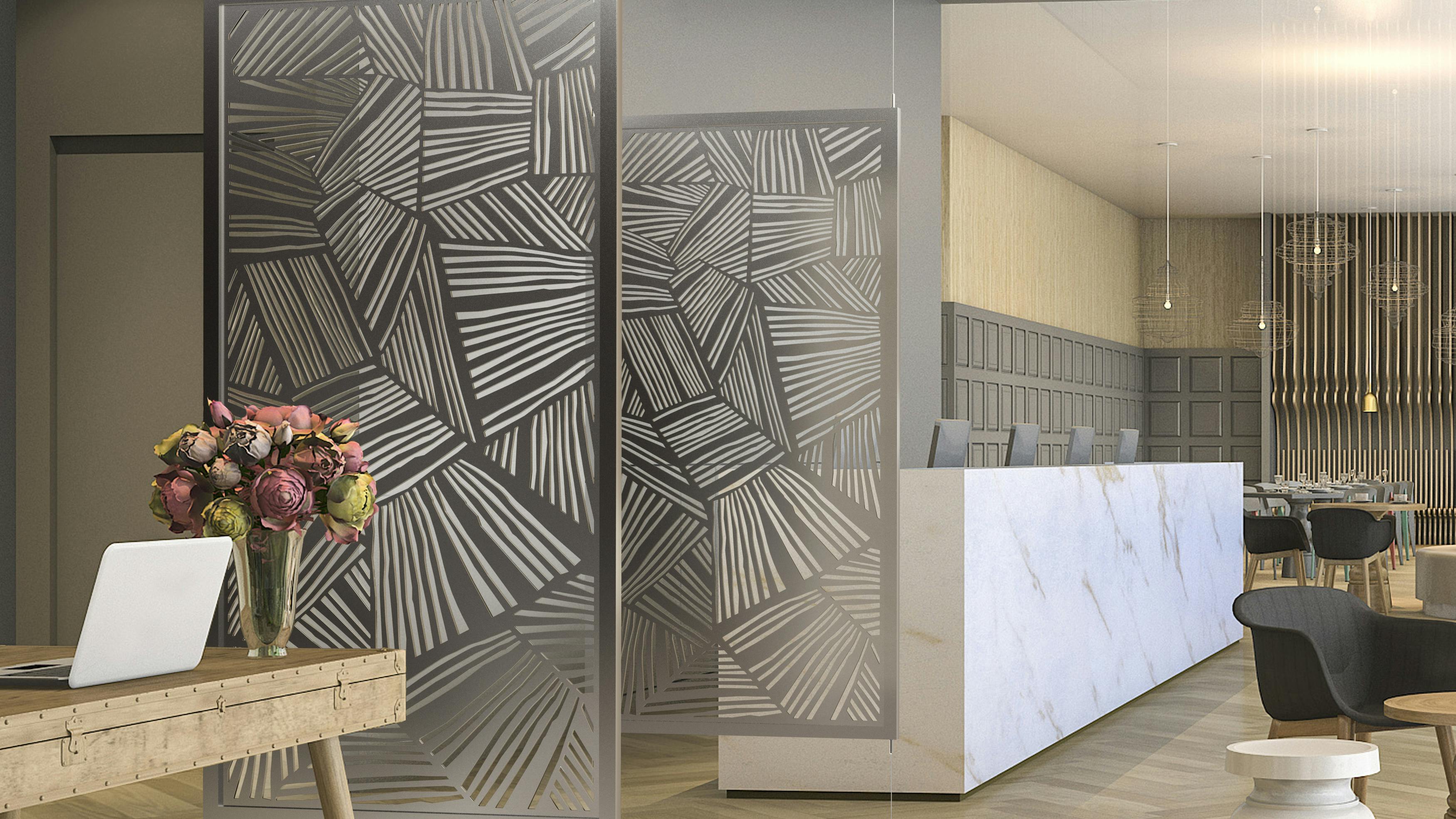 Hatch screens suspended from the ceiling in a lobby.