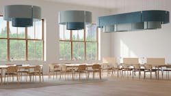 The Nest Baffle suspended over tables and chairs. The Nest Baffle suspended over tables and chairs.
