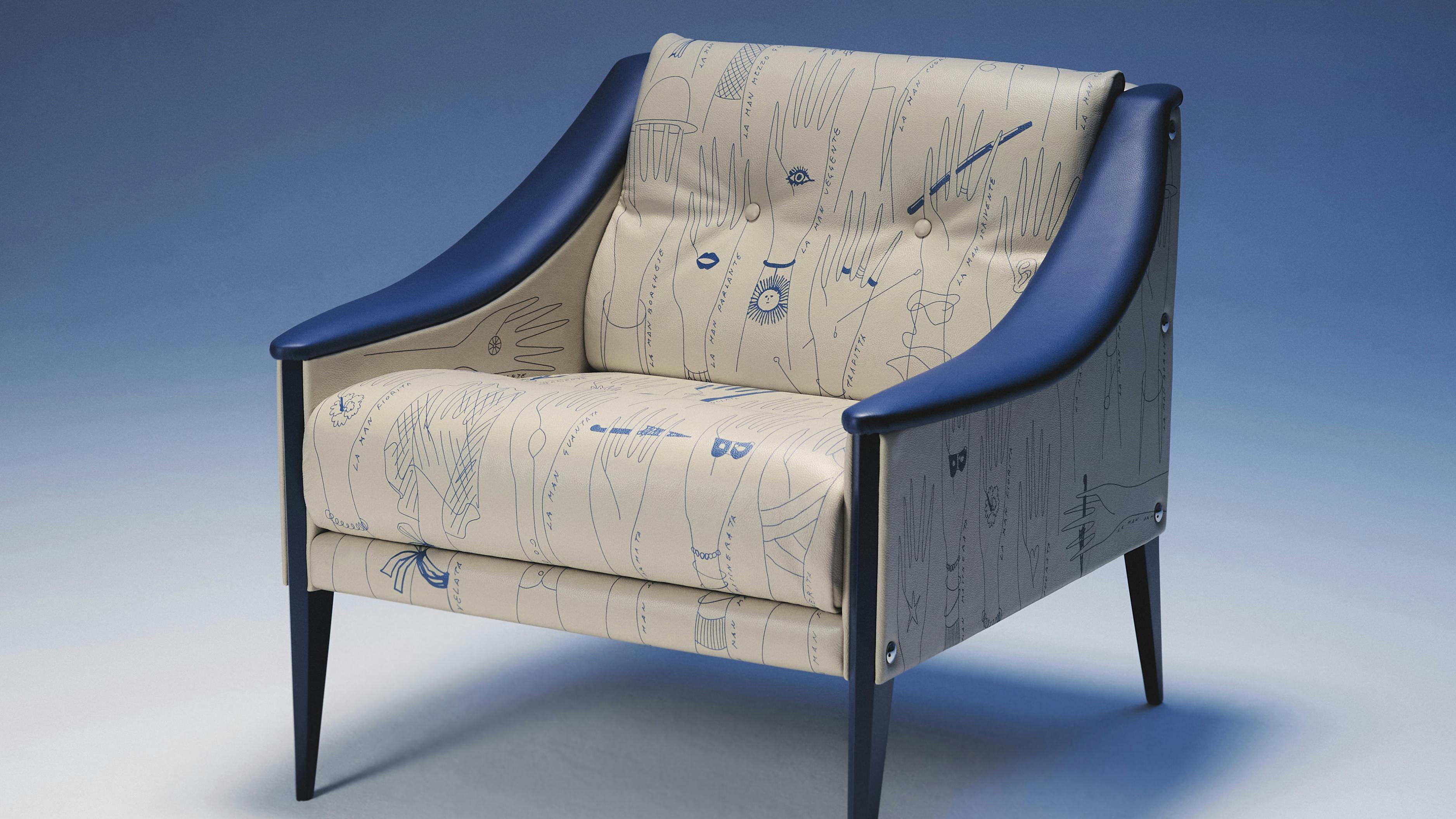 The front view of the Dezza armchair, an exclusive, limited-edition piece released by Poltrona Frau.