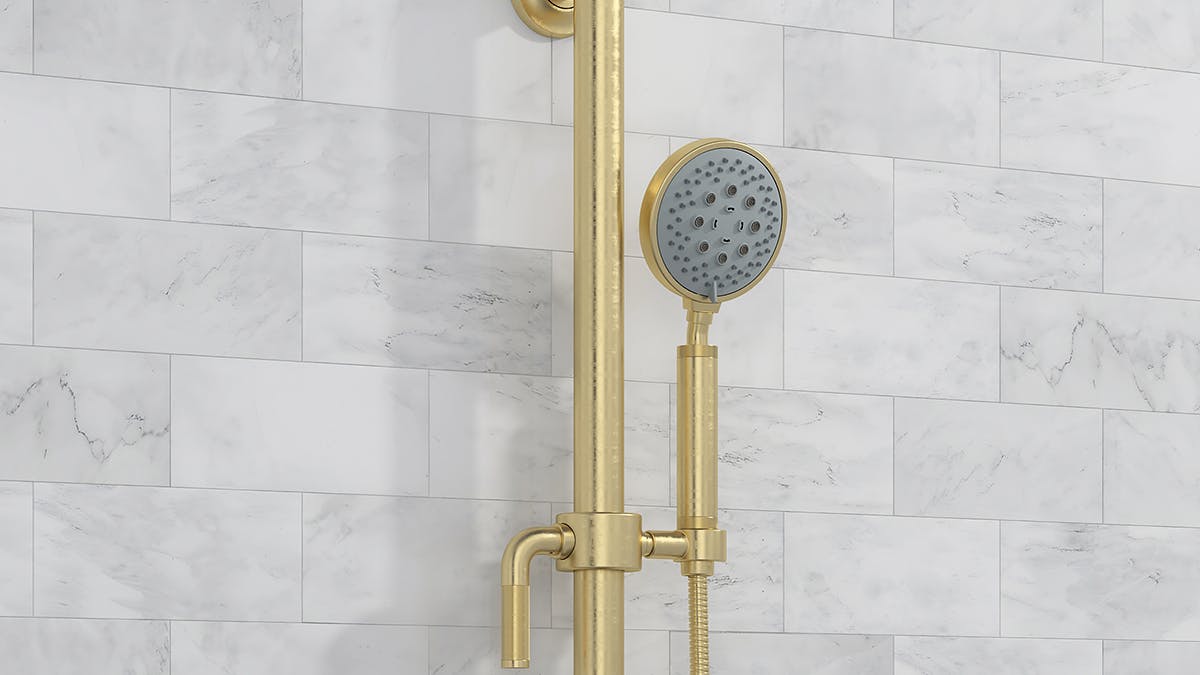 Grab Bar with Adjustable Handshower with a round base, multifunction handshower, and knurled lever handle in burnished brass.