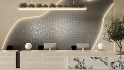 Ceramicas Aparici’s Abstra is used in a futuristic commercial lobby setting. Ceramicas Aparici’s Abstra is used in a futuristic commercial lobby setting.