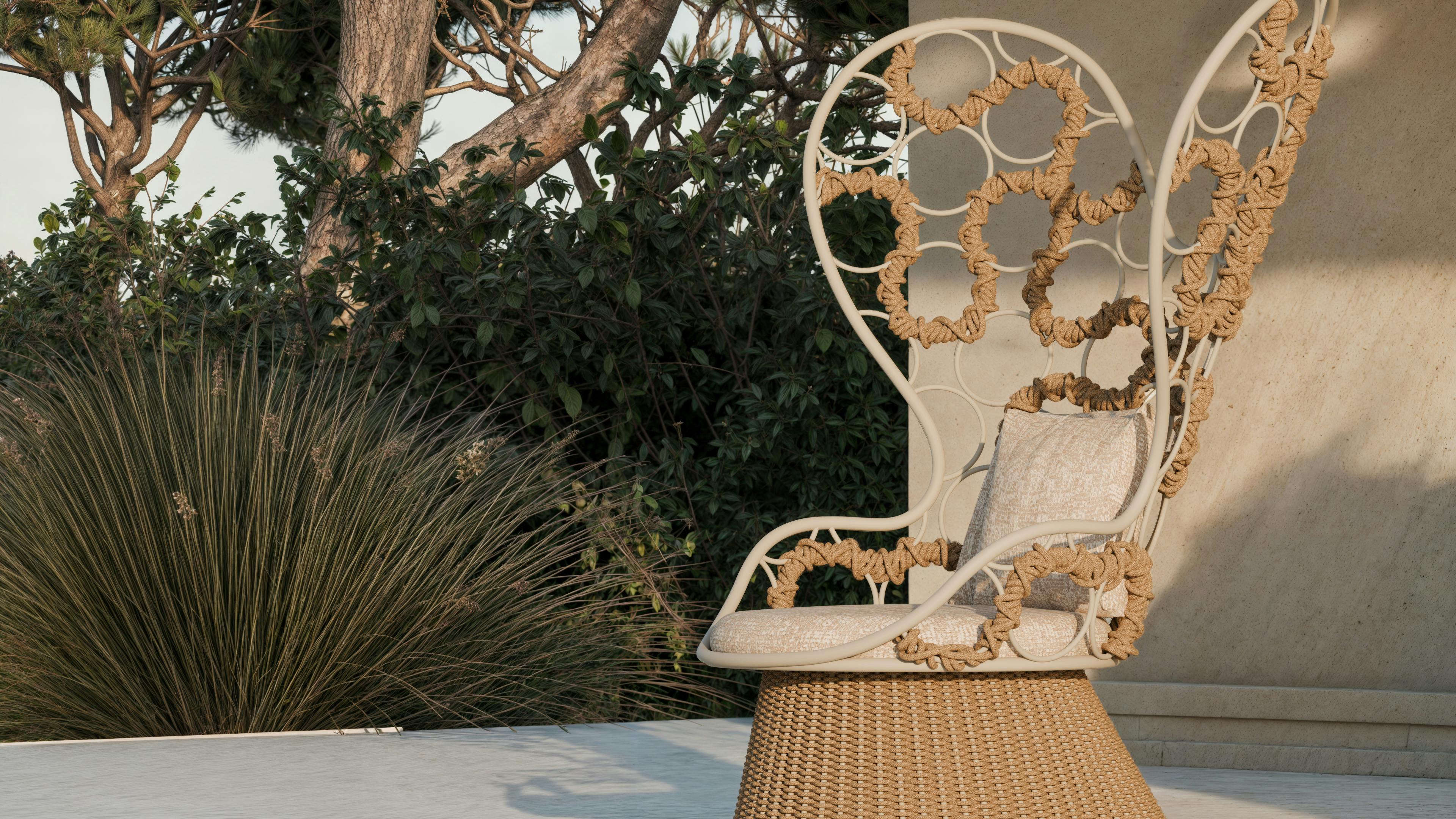 The Opus armchair features an enveloping shape and was inspired by a butterfly's wings.