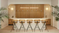 Light wood bar/reception counter at HBF Showroom in New York City, designed by ALA Studio Light wood bar/reception counter at HBF Showroom in New York City, designed by ALA Studio