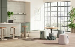 Tables in varying sizes and heights with modular seating for reconfigurable spaces Tables in varying sizes and heights with modular seating for reconfigurable spaces