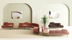 Modular seating arranged as curved sectional sofas with both connecting and separate tables Modular seating arranged as curved sectional sofas with both connecting and separate tables