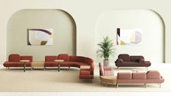 Modular seating arranged as curved sectional sofas with both connecting and separate tables Modular seating arranged as curved sectional sofas with both connecting and separate tables