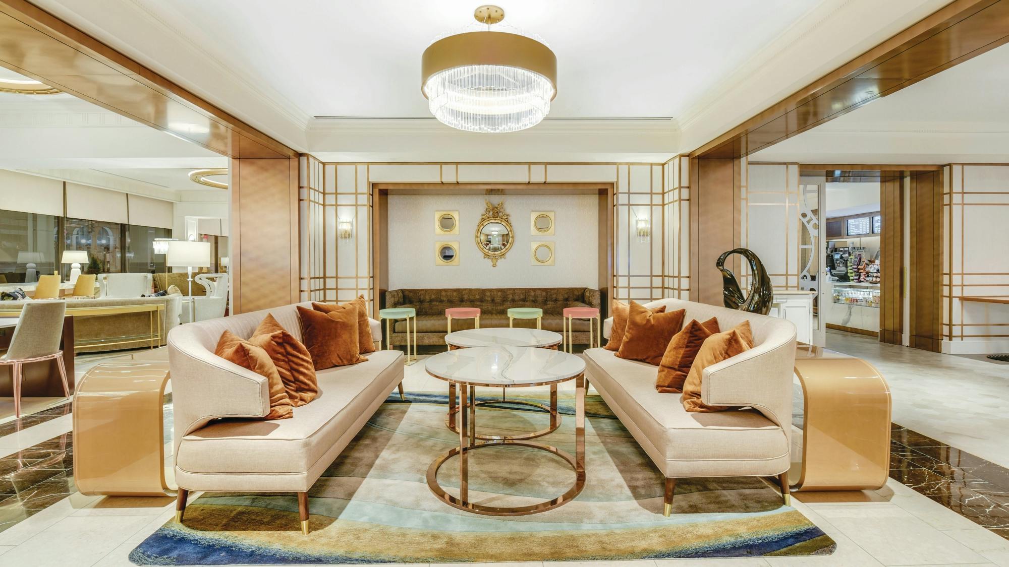 Washington, D.C.&rsquo;s historic Madison Hotel has been transformed by the Gettys Group as part of the Le Meridien portfolio, with modern luxe finishes like Chemetal&rsquo;s Statuary 325 Brass accents in a lounge (above) and Brushed Copper Aluminum 906 (below) in the vibrant and welcoming bar area.