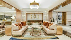 Washington, D.C.’s historic Madison Hotel has been transformed by the Gettys Group as part of the Le Meridien portfolio, with modern luxe finishes like Chemetal’s Statuary 325 Brass accents in a lounge (above) and Brushed Copper Aluminum 906 (below) in the vibrant and welcoming bar area. Washington, D.C.’s historic Madison Hotel has been transformed by the Gettys Group as part of the Le Meridien portfolio, with modern luxe finishes like Chemetal’s Statuary 325 Brass accents in a lounge (above) and Brushed Copper Aluminum 906 (below) in the vibrant and welcoming bar area.