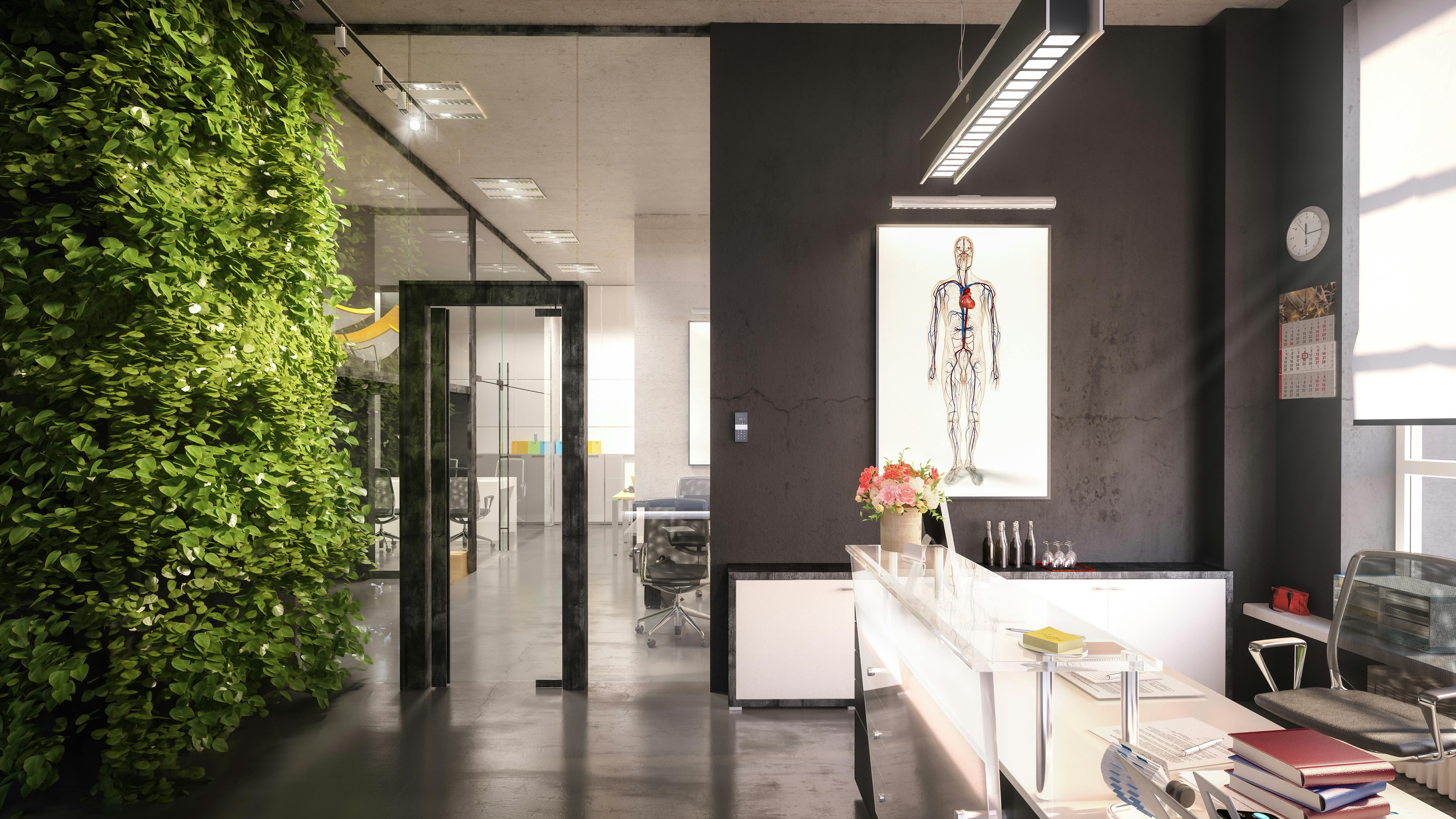 Rendering of modern office with plant wall and ample daylight.