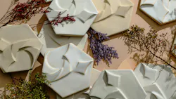 Assortment of textured fractal-inspired tiles surrounded by flowers. Assortment of textured fractal-inspired tiles surrounded by flowers.