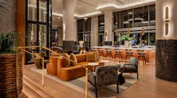 Layered pendant, wall, recessed ceiling, and hidden cove lighting accentuate the glossy sheen of tile surfaces, the glow of burnished metals, and the satin finish of natural woods in the Palato Wine Lounge. Layered pendant, wall, recessed ceiling, and hidden cove lighting accentuate the glossy sheen of tile surfaces, the glow of burnished metals, and the satin finish of natural woods in the Palato Wine Lounge.