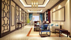 Interior architecture hotel suite design rendering, with dark wood trim and furnishings, neutral walls and floors, and teal and orange accents. Interior architecture hotel suite design rendering, with dark wood trim and furnishings, neutral walls and floors, and teal and orange accents.