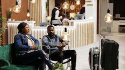 Hotel patrons who require mobility assistive devices - particularly those in wheelchairs - can be better accommodated with a lower reception desk area to welcome them at check-in. Hotel patrons who require mobility assistive devices - particularly those in wheelchairs - can be better accommodated with a lower reception desk area to welcome them at check-in.