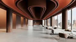 Modern hotel lobby 3D rendering, with rust-colored oval ceiling features, circular wood columns, and neutral tile floor