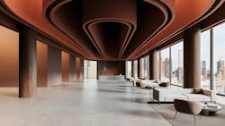 Modern hotel lobby 3D rendering, with rust-colored oval ceiling features, circular wood columns, and neutral tile floor Modern hotel lobby 3D rendering, with rust-colored oval ceiling features, circular wood columns, and neutral tile floor