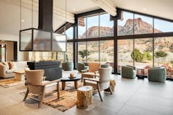 With an incredible mountainous vista as a backdrop, the Hotel De Novo Springdale delivers a contemporary Southwestern lodge ambiance anchored by natural stone, heavy timber framing, and soft, textured, neutral upholsteries and area rugs. With an incredible mountainous vista as a backdrop, the Hotel De Novo Springdale delivers a contemporary Southwestern lodge ambiance anchored by natural stone, heavy timber framing, and soft, textured, neutral upholsteries and area rugs.