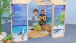 Nature View Play Beach House with two boys inside. Nature View Play Beach House with two boys inside.