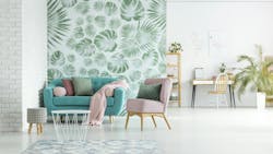 Botanical green leaf pattern wallcovering in a tranquil multiuse loft Botanical green leaf pattern wallcovering in a tranquil multiuse loft