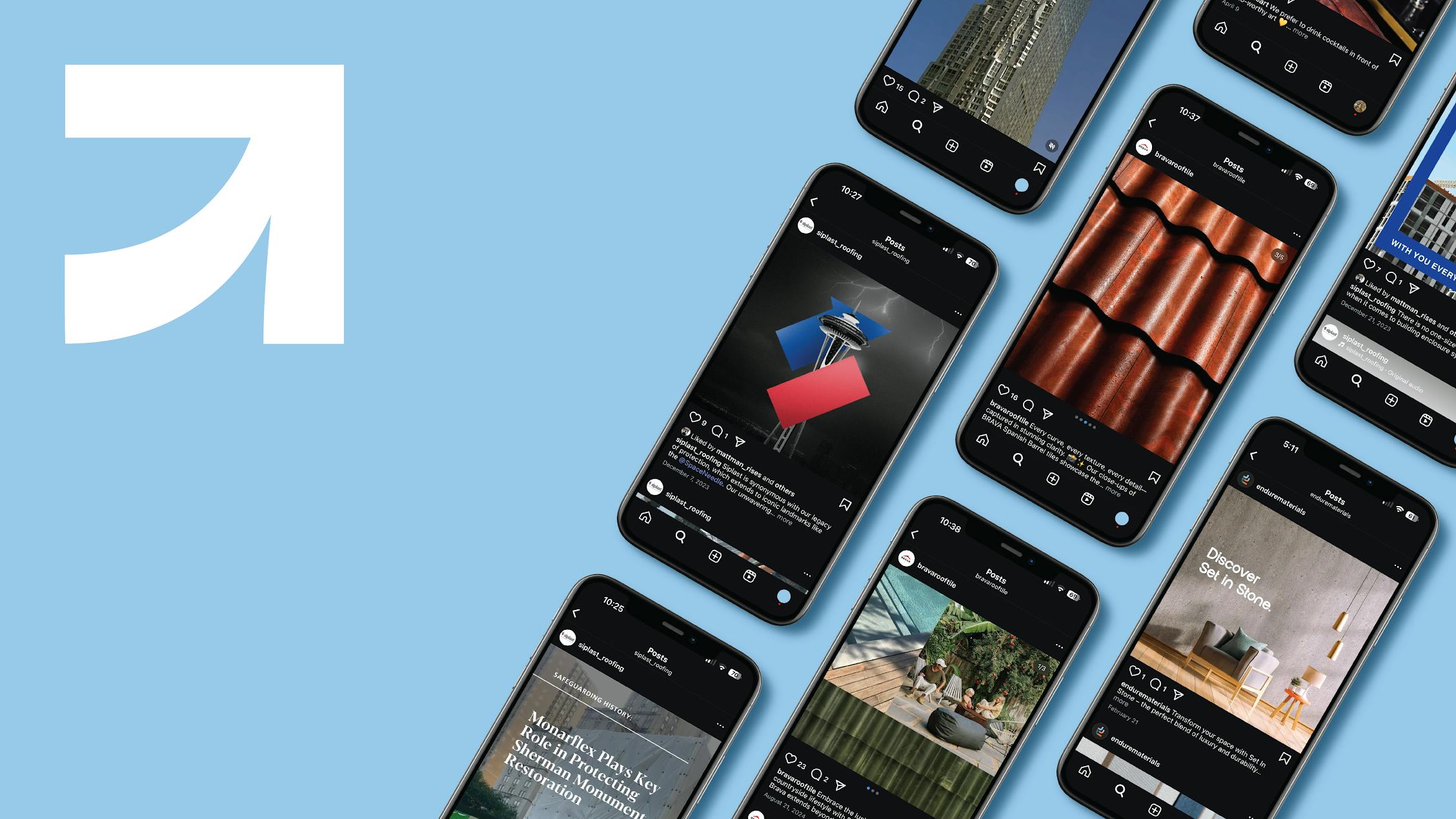 Several smart phones with building materials on screens to represent marketing concept.