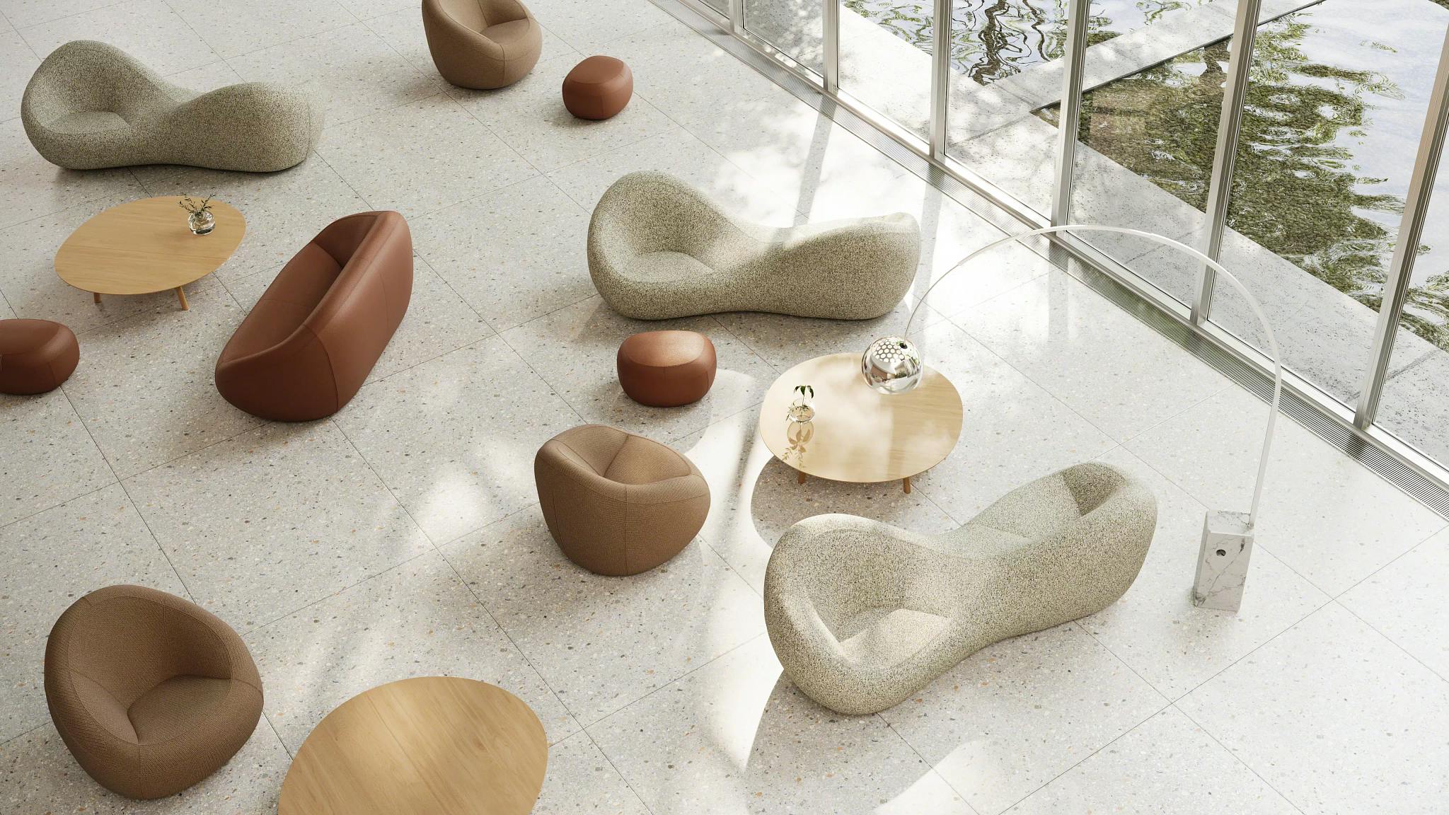 A large room with the various chairs, sofas, and ottomans from the Jean Nouvel Seating Collection.