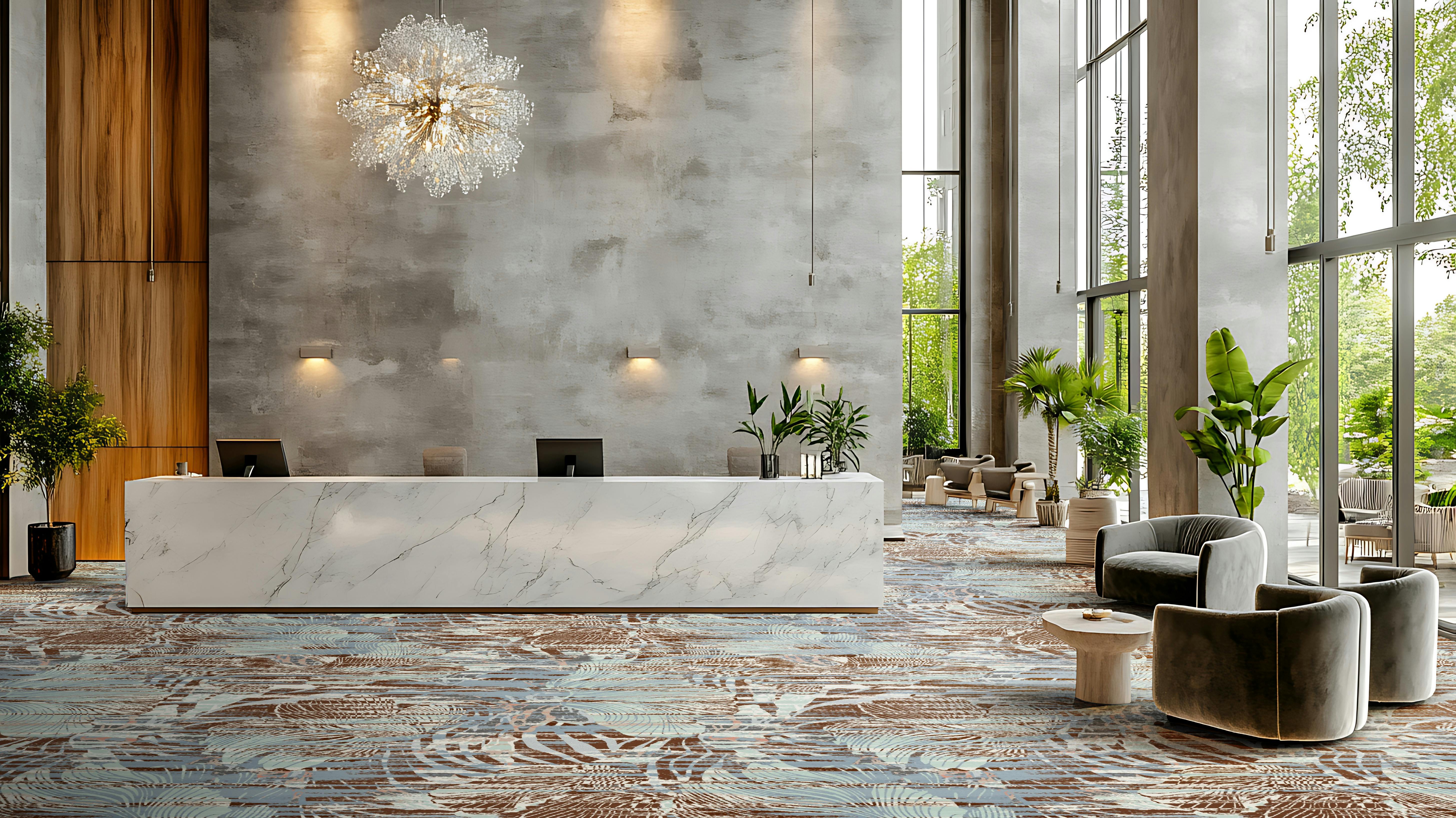 Stacy Garcia Design Studio's Mystic Horizons collection, shown in SG026, for Signature Flooring. The swatch features reds, oranges, greens, and whites.