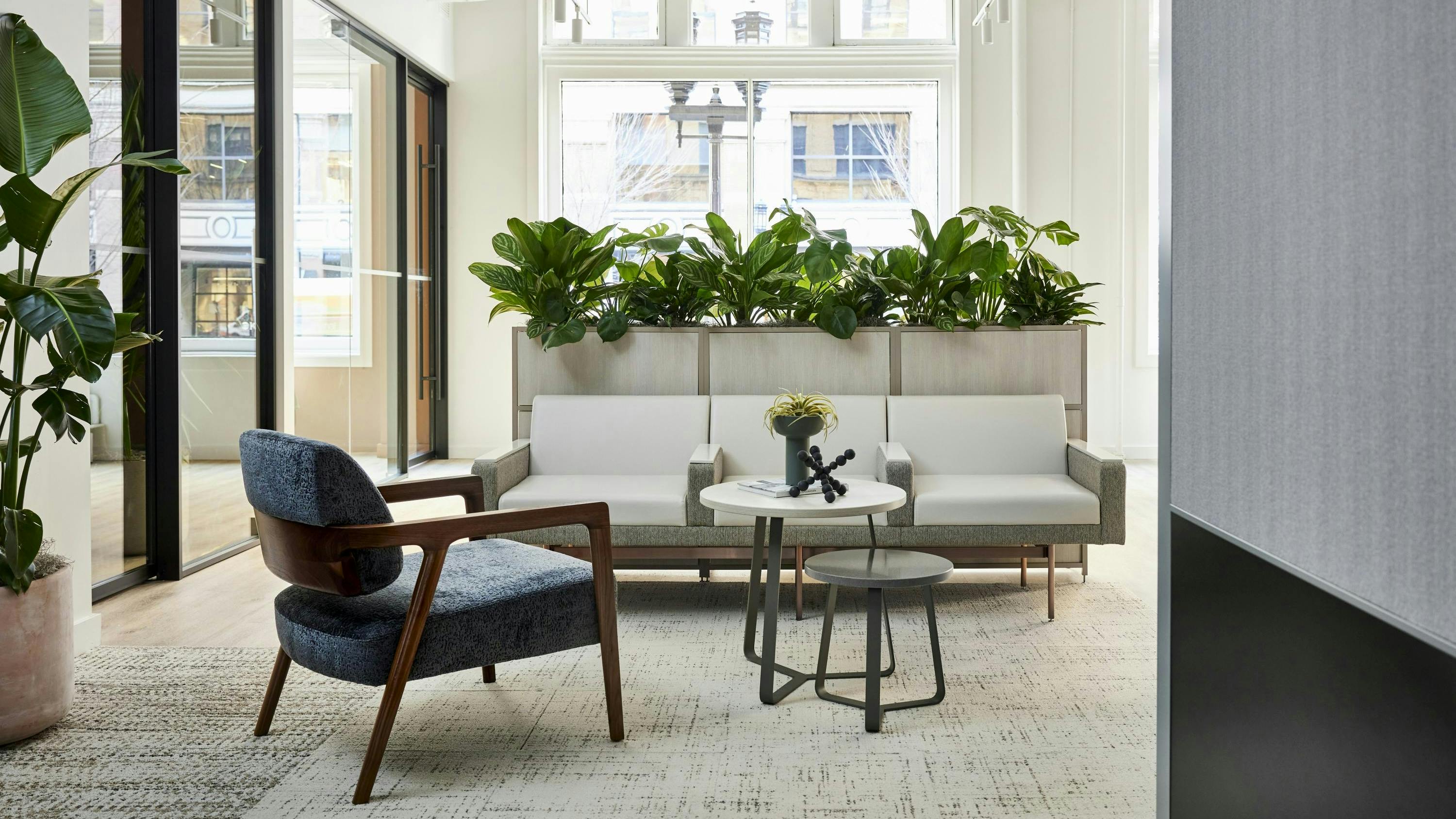 Kimball International's Boston showroom maximizes its use of daylight and incorporates plants for a biophilic effect.