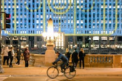ART on THE MART street view from West Wacker Drive with a bicyclist in motion. ART on THE MART street view from West Wacker Drive with a bicyclist in motion.
