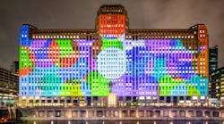 Art on the MART in Chicago 2024 featured vibrantly colored circles across the building's facade. Art on the MART in Chicago 2024 featured vibrantly colored circles across the building's facade.