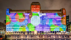 Art on the MART in Chicago 2024 featured vibrantly colored circles across the building's facade.