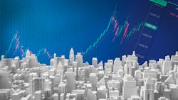 Computer-generated image of architectural model of city buildings with blue stock ticker background. Computer-generated image of architectural model of city buildings with blue stock ticker background.