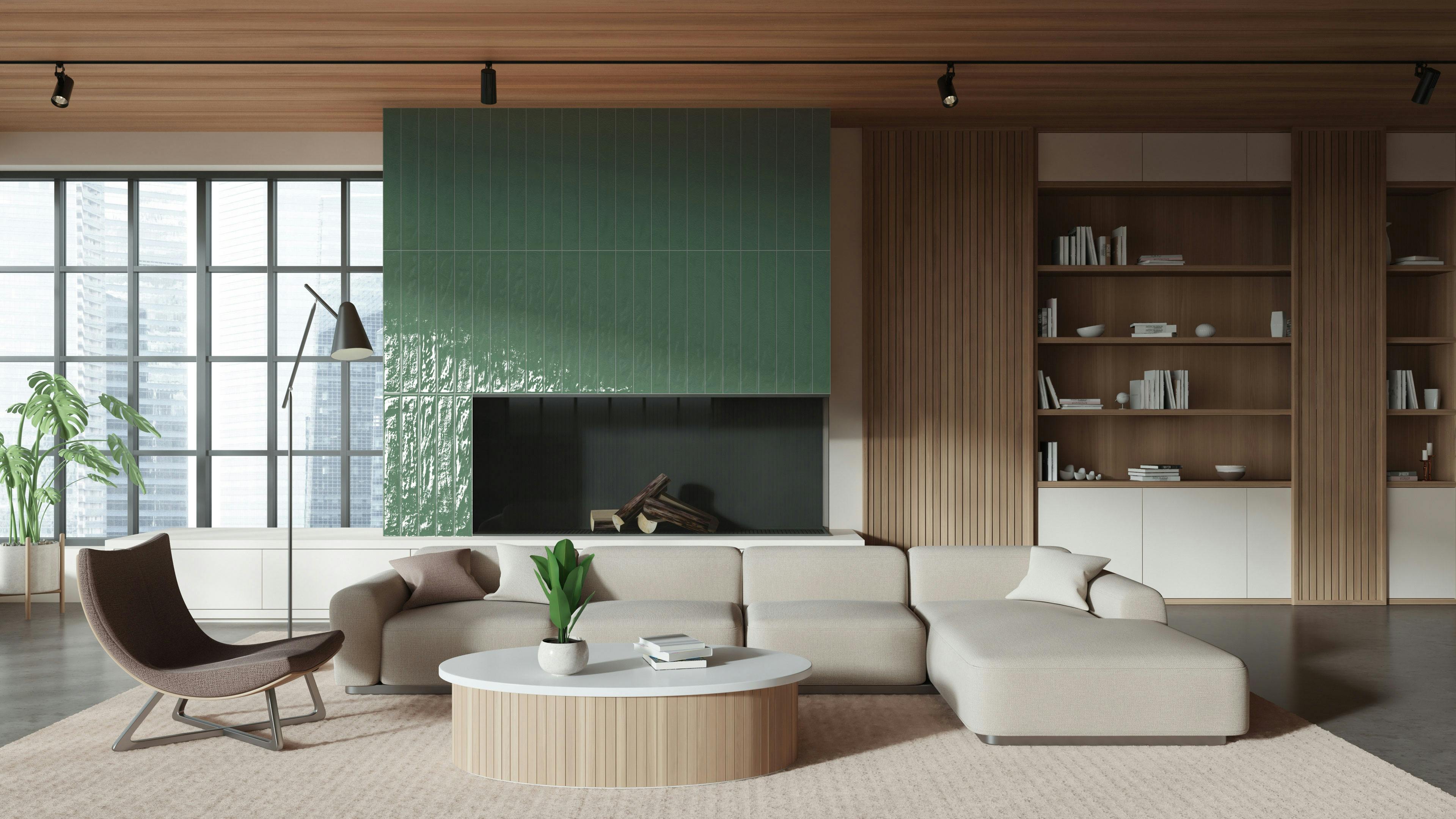 MILEstone's Playful is shown in a glossy pine color installed around a fireplace in a living room.