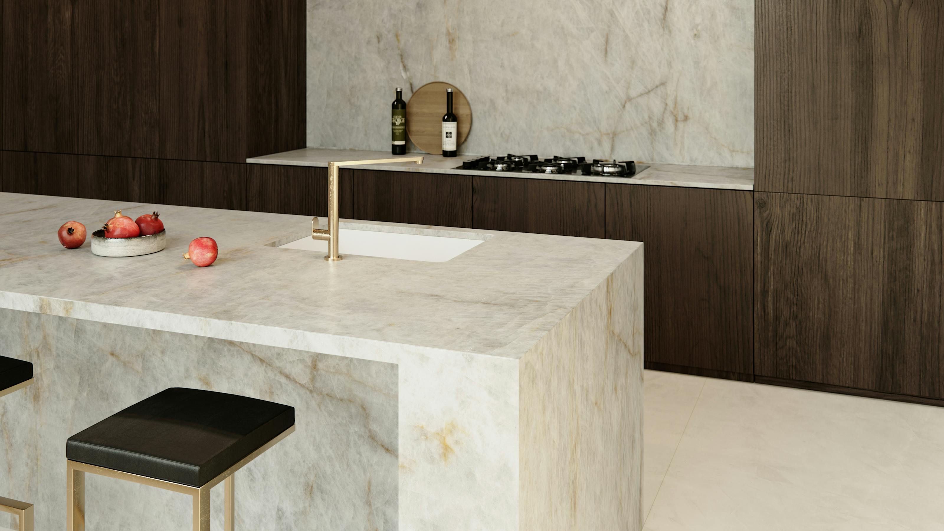 Cosentino's Cristalo is a quartzite with a translucent white to light gray palette, shown in a kitchen.