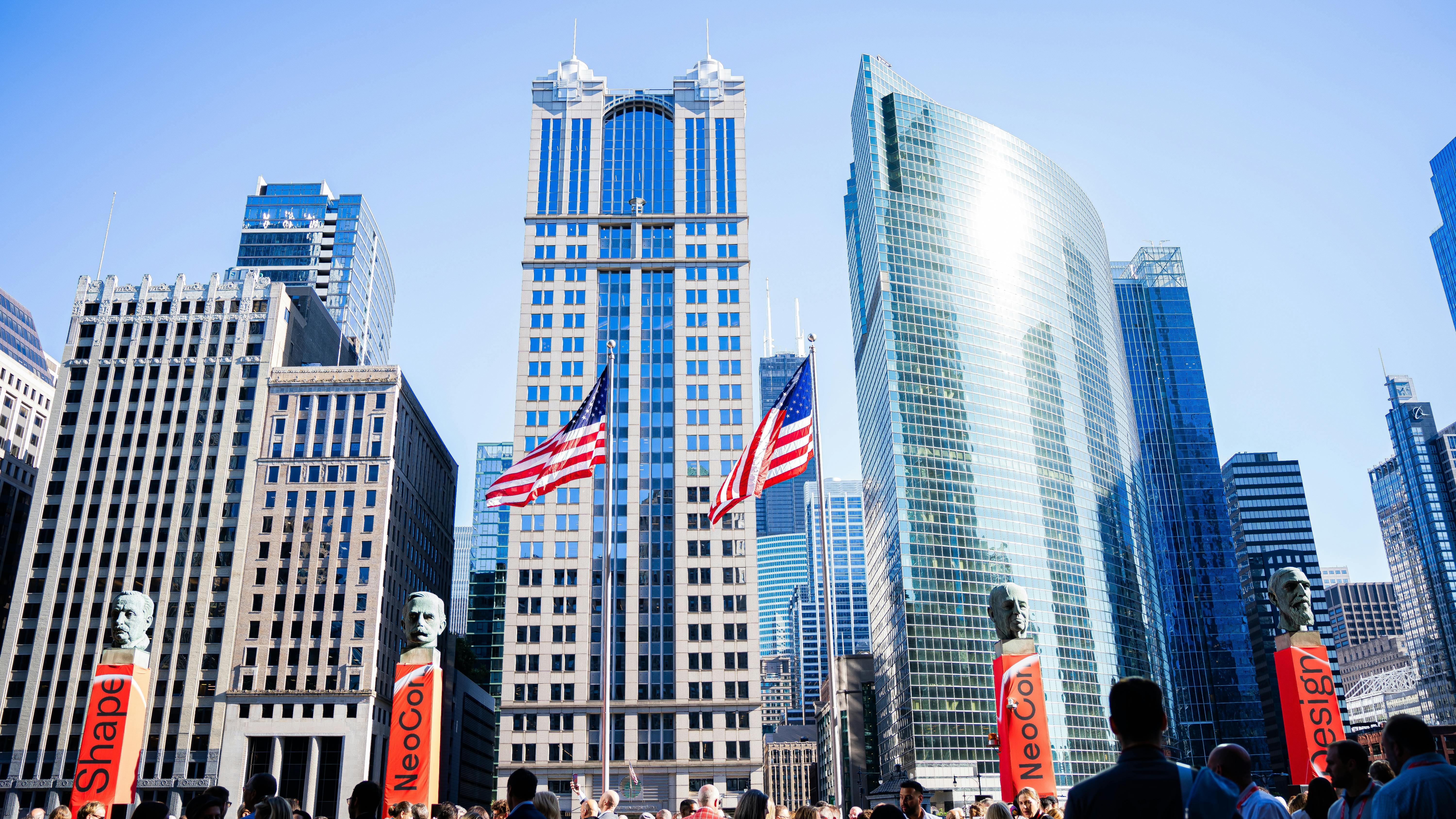 Skyline of NeoCon 2024 at The Mart in Downtown Chicago