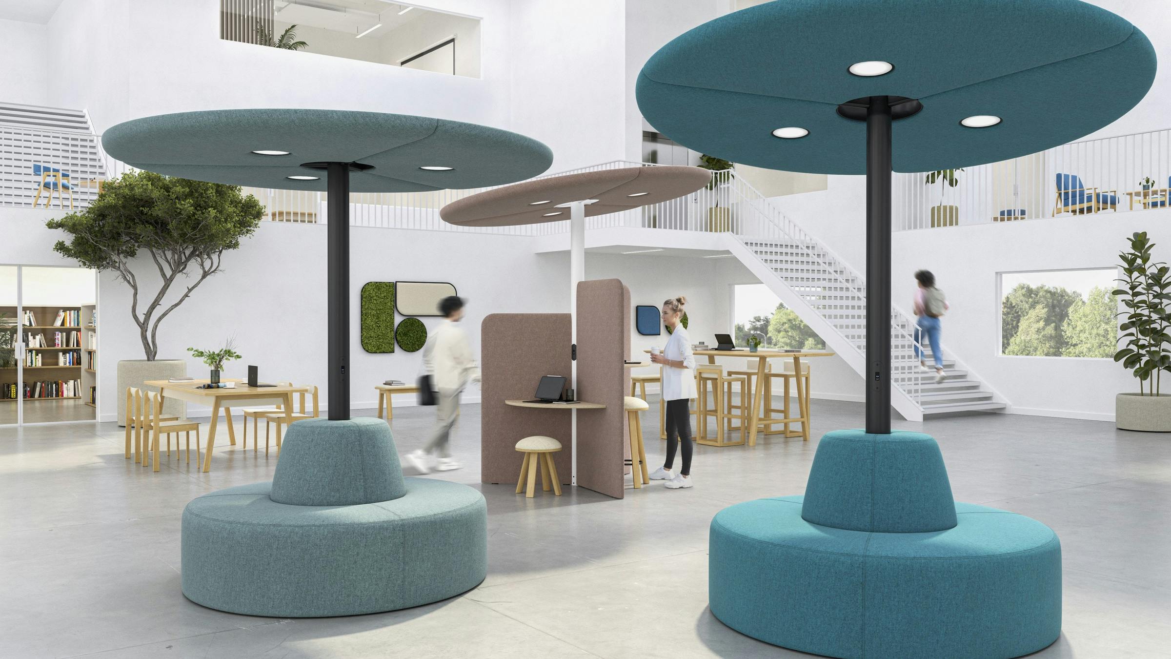 The BuzziBrella from BuzziSpace provides acoustic comfort for touchdown spaces, with fast charging and LED spotlights.