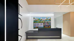 HGA's reception desk features the company's name displayed in high contrast on the wall and a curated art piece behind the desk, depicting the firm's connection to Washington, D.C.