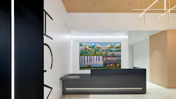 HGA's reception desk features the company's name displayed in high contrast on the wall and a curated art piece behind the desk, depicting the firm's connection to Washington, D.C.