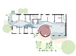 The ground floor plan highlights the shelter’s open, interconnected shared spaces and showcases the radial wood floor pattern that draws the eye toward the heart of the Nookomis. The ground floor plan highlights the shelter’s open, interconnected shared spaces and showcases the radial wood floor pattern that draws the eye toward the heart of the Nookomis.