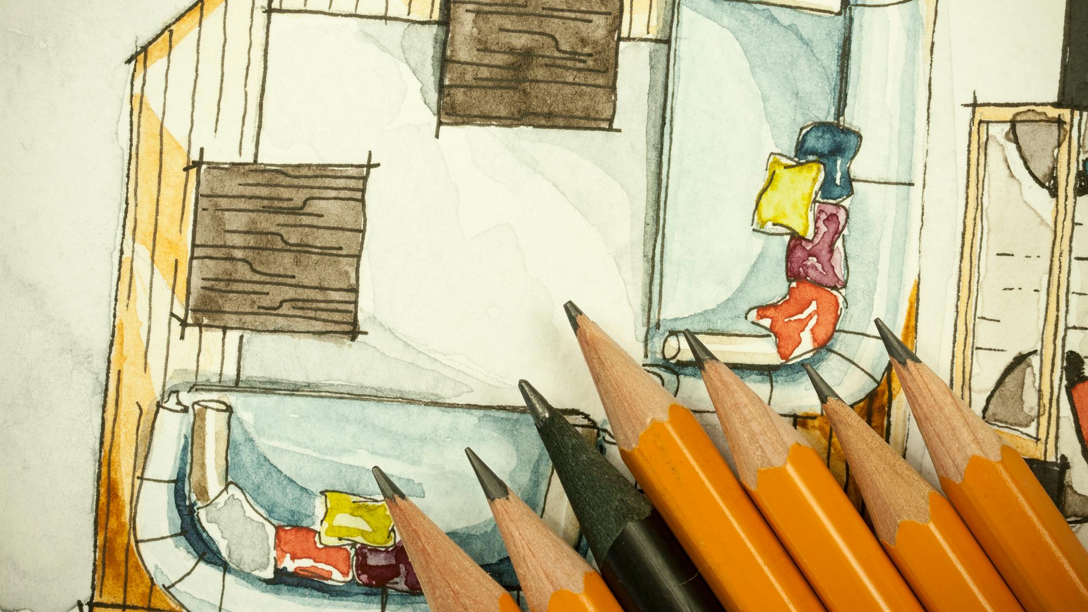 Artist rendering of interior design sketch with watercolor