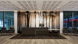 Reception desk with floor-to-ceiling wall panel featuring duotone forest graphic. Reception desk with floor-to-ceiling wall panel featuring duotone forest graphic.
