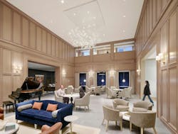 Inspir Embassy Row DC gathering room with light wood millwork, vintage-look chandelier, grand piano, and accents of navy and orange amid neutral tones Inspir Embassy Row DC gathering room with light wood millwork, vintage-look chandelier, grand piano, and accents of navy and orange amid neutral tones