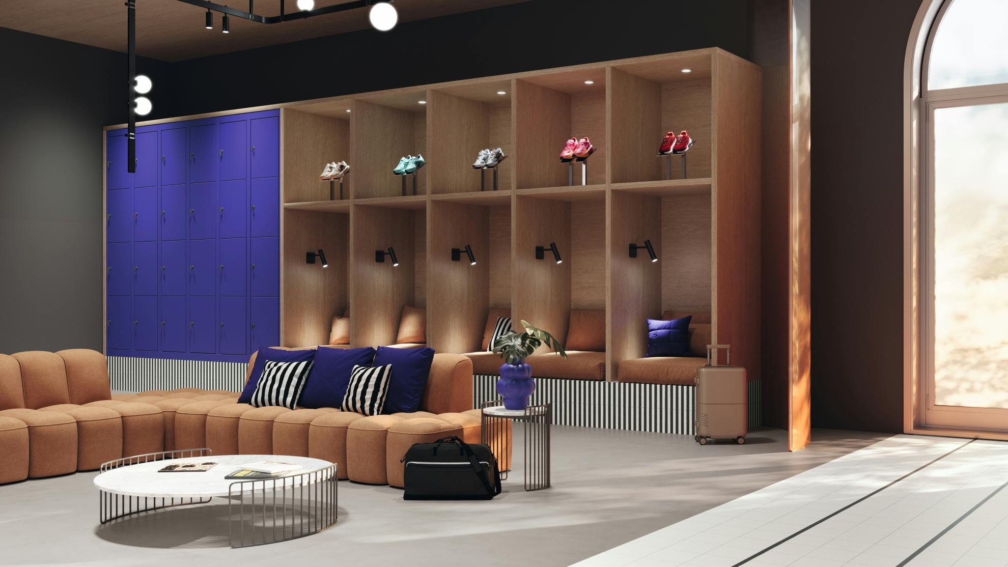 Hotel lounge area designed to appeal to running enthusiasts visiting the area