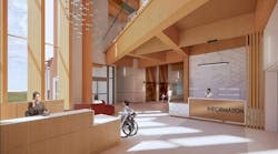 Rendering of reception area with wheelchair user showing mass timber details and ample daylighting. Rendering of reception area with wheelchair user showing mass timber details and ample daylighting.