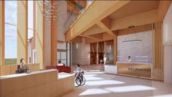 Rendering of reception area with wheelchair user showing mass timber details and ample daylighting. Rendering of reception area with wheelchair user showing mass timber details and ample daylighting.