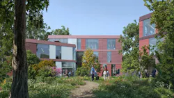 Exterior view of courtyard with people outside. Exterior view of courtyard with people outside.