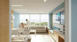 Bright, daylight hospital room with patient and doctor. Bright, daylight hospital room with patient and doctor.