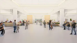 Bright, expansive lobby area of hospital with people walking and seated. Bright, expansive lobby area of hospital with people walking and seated.
