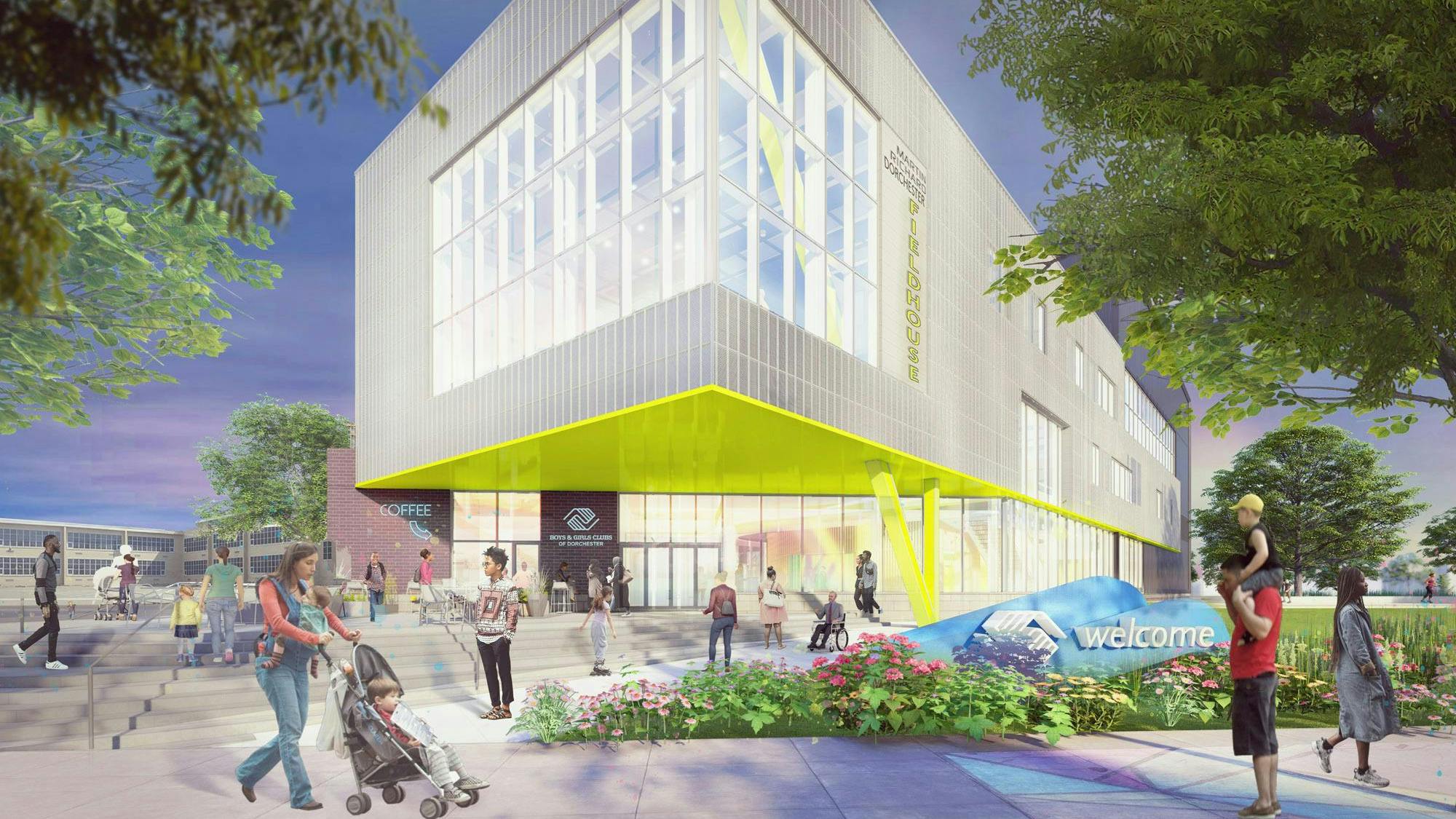 Rendering of exterior entrance to new community center with people walking outside at dusk.