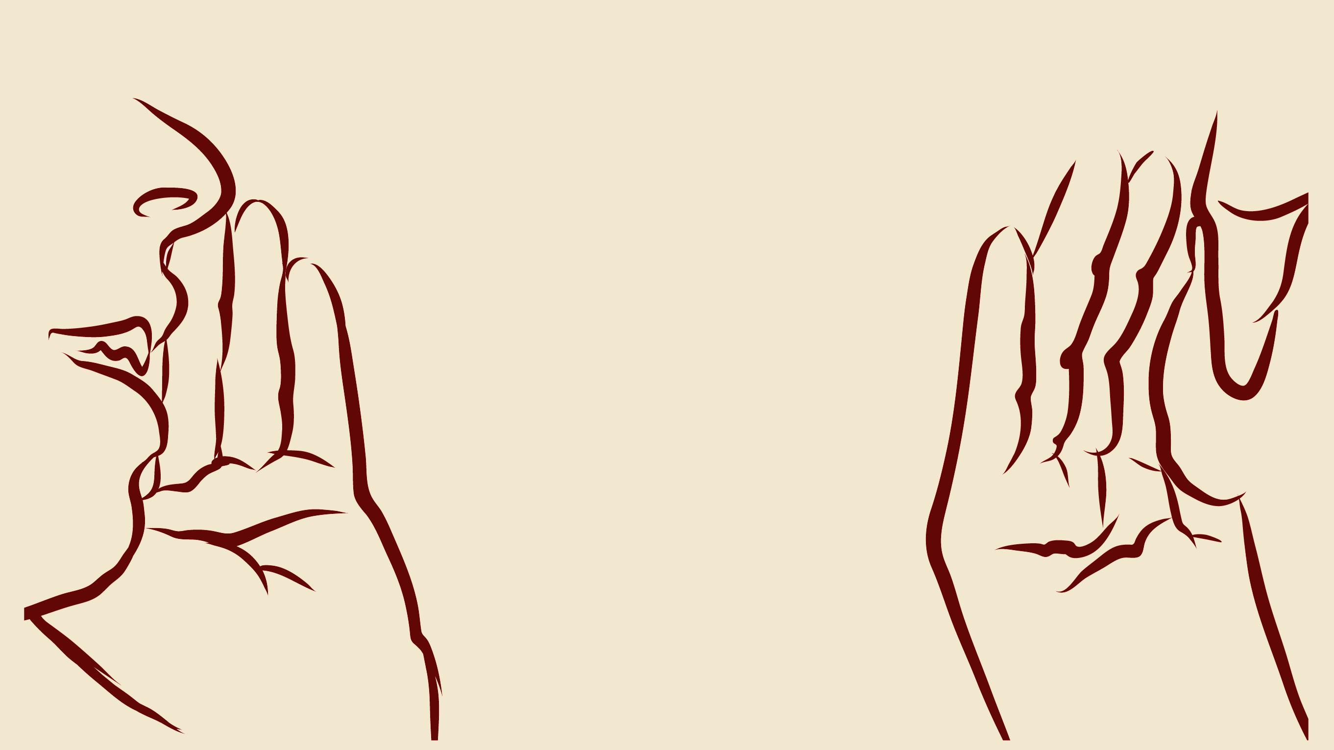 Hands cupped telling secret line drawing