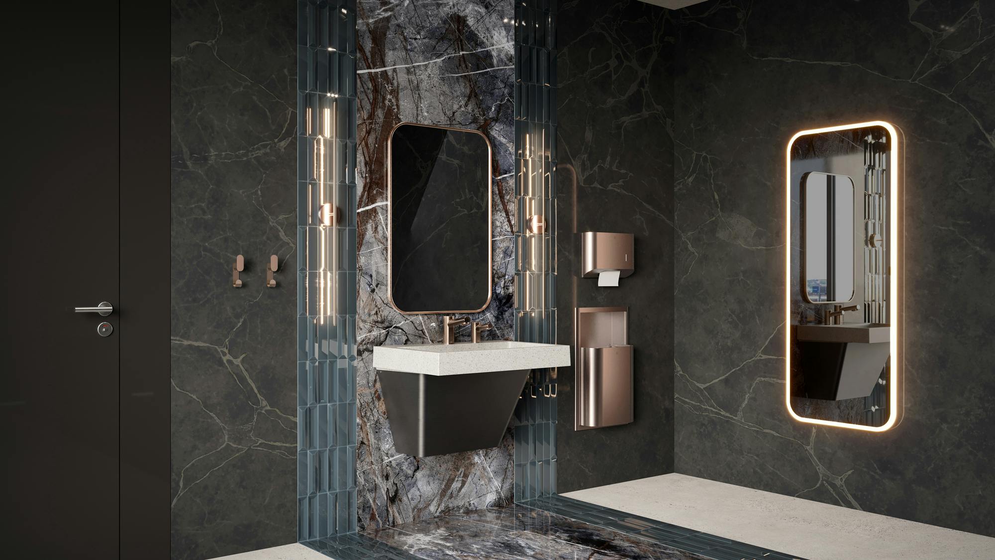 Contemporary, pill-shaped mirrors in bathroom setting above sink, one with LED backlights.